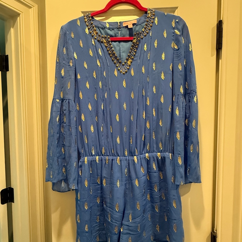 Lilly Pulitzer Blue Bell Sleeve V-Neck Romper with gold detail